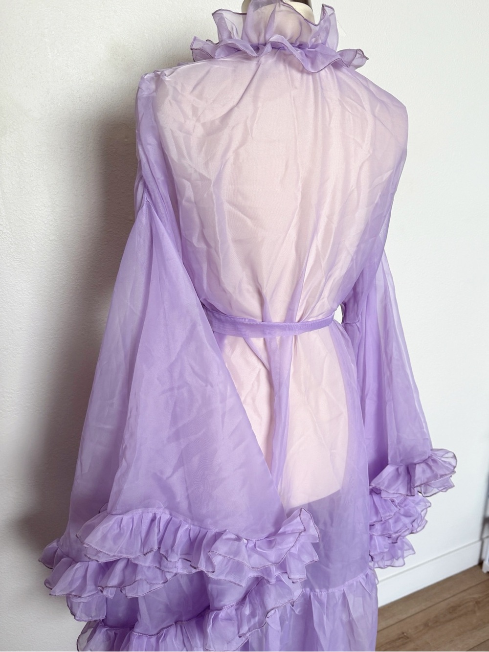 Vintage 70s Sheer Lavender Ruffle Peignoir Maxi Robe Bell Sleeve - Picture 7 of 9